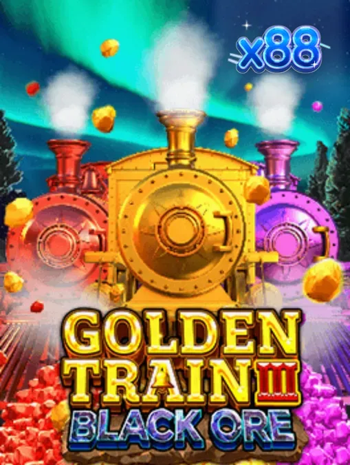 Tampilan visual slot Golden Train III: Black Ore dengan latar belakang ngarai dan simbol tambang.